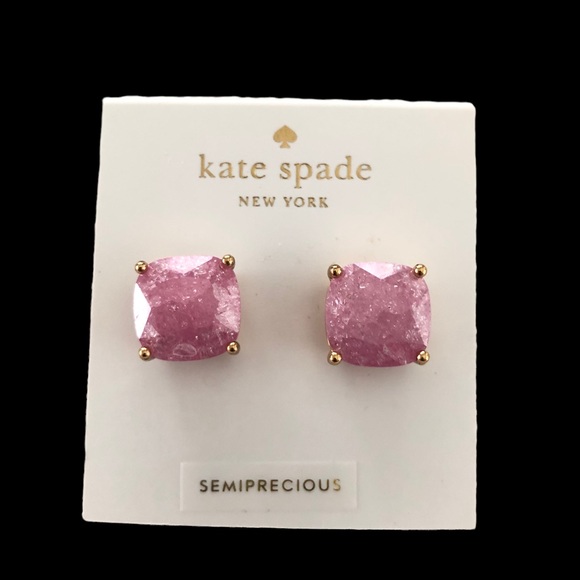 New with Dustbag Kate Spade Gold Tone Square Pink Stud Earrings Sparkly Glitter - Picture 2 of 4
